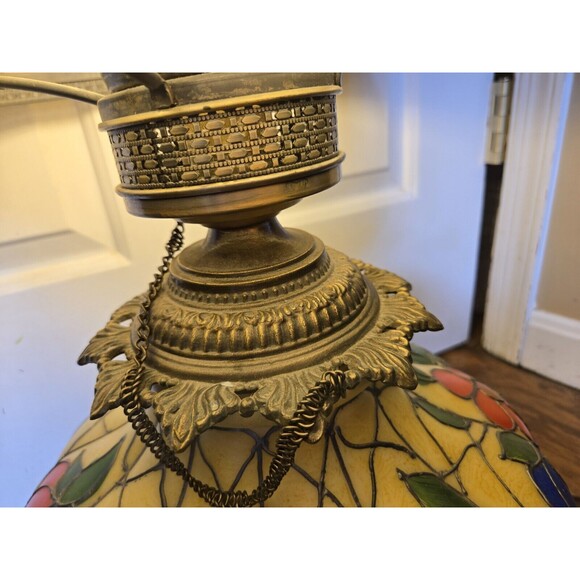 Vintage 23" Hurricane Tiffany Style Table Lamp Hand Painted Floral Gone W/ Wind - Picture 12 of 16